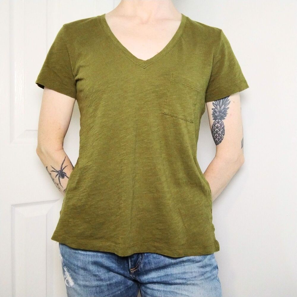 Madewell Whisper Cotton Short Sleeve V-Neck Pocket Tee Size Small Green Brown